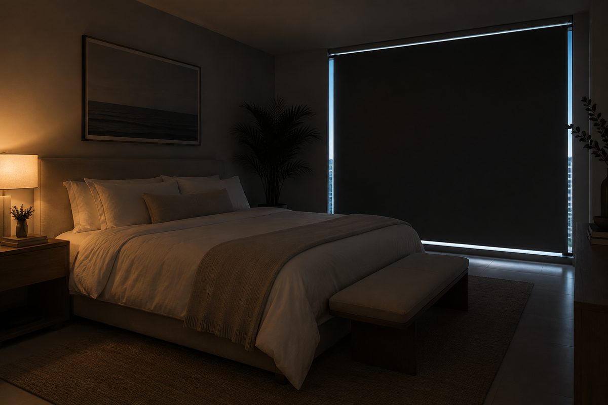 Bedroom with blackout roller shades fully lowered