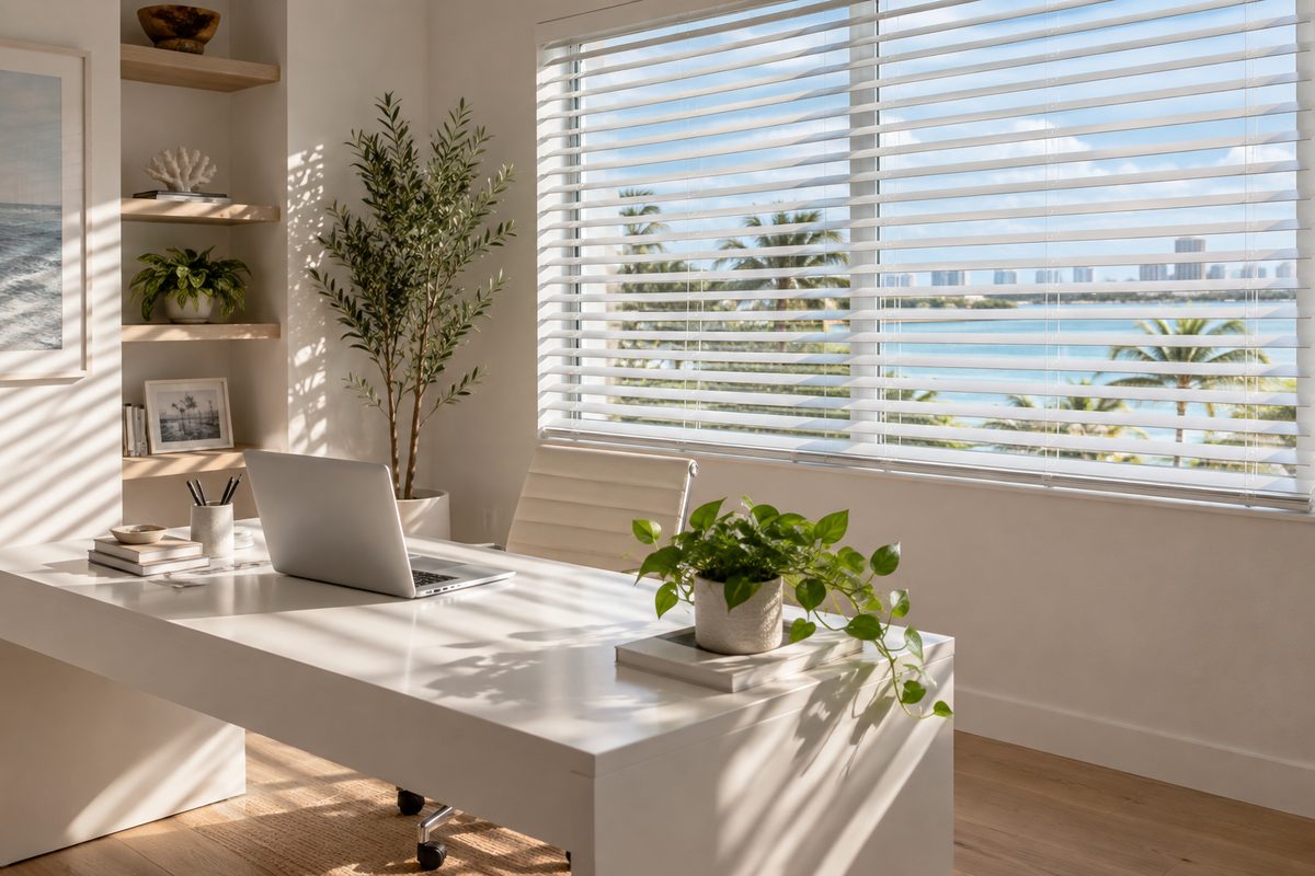 Warm wood-tone horizontal blinds half open in a bright Miami home office