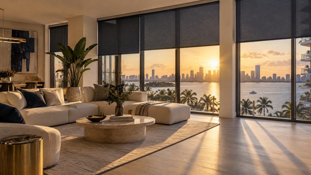 Miami living room with a bay view and roller shades at golden hour