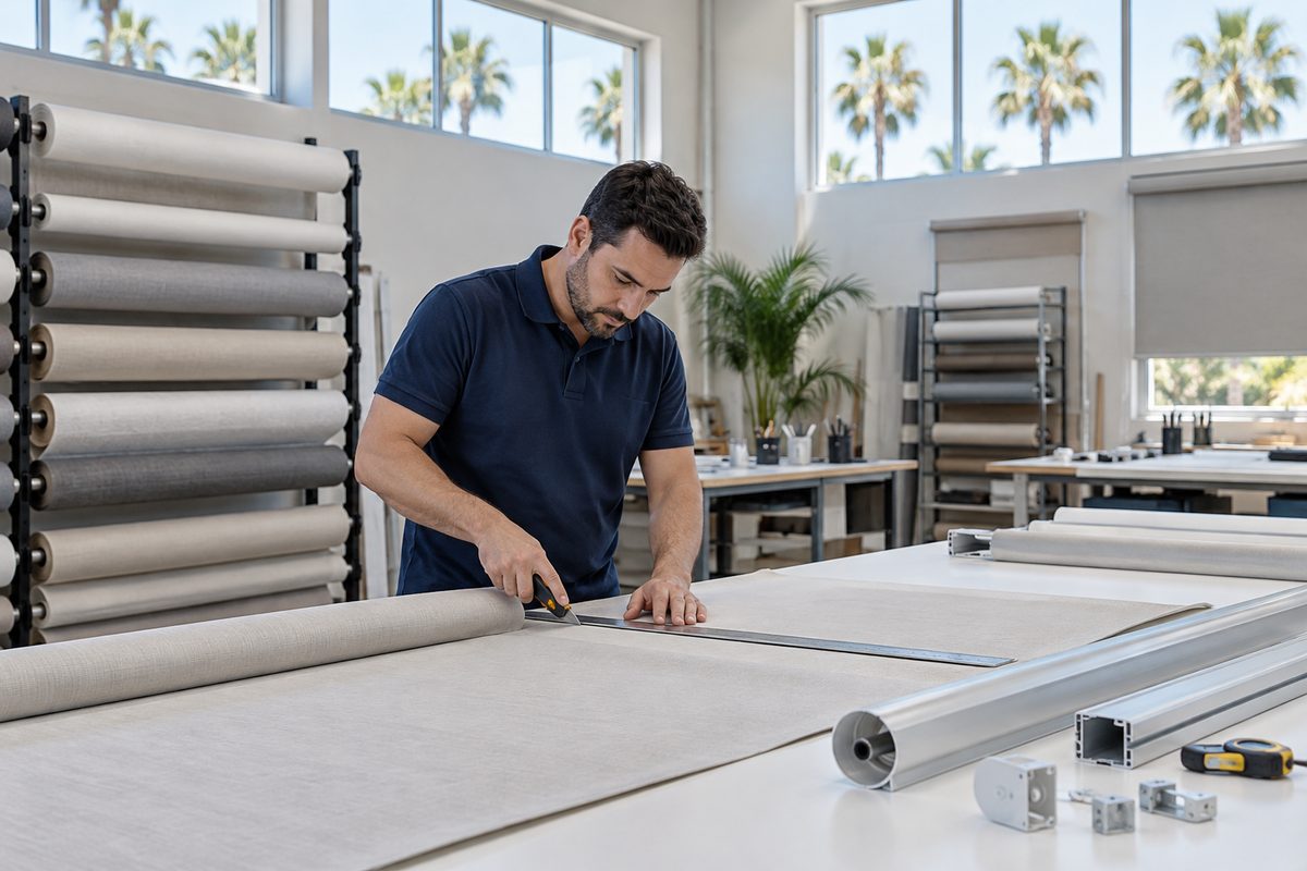 Window treatment workshop in Miami with fabric rolls and a cutting table