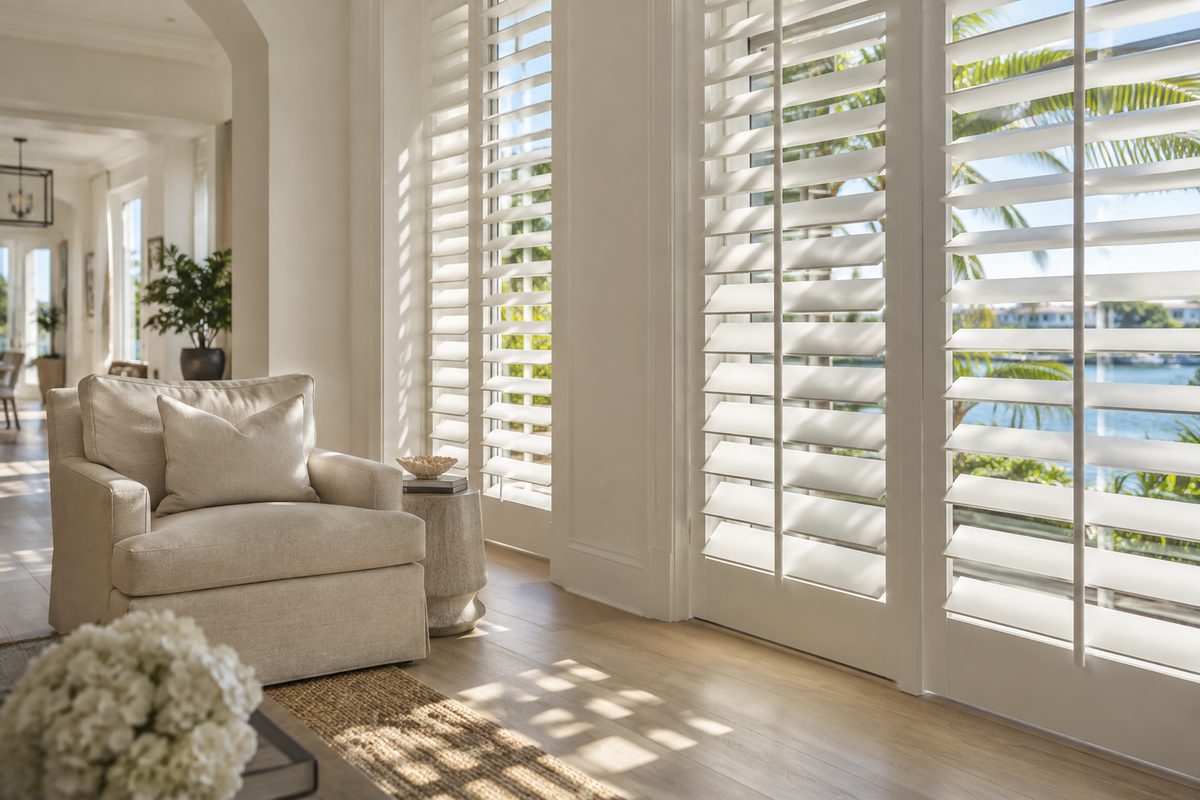 White plantation shutters with tilted louvers casting stripes of sunlight across a Miami living room floor
