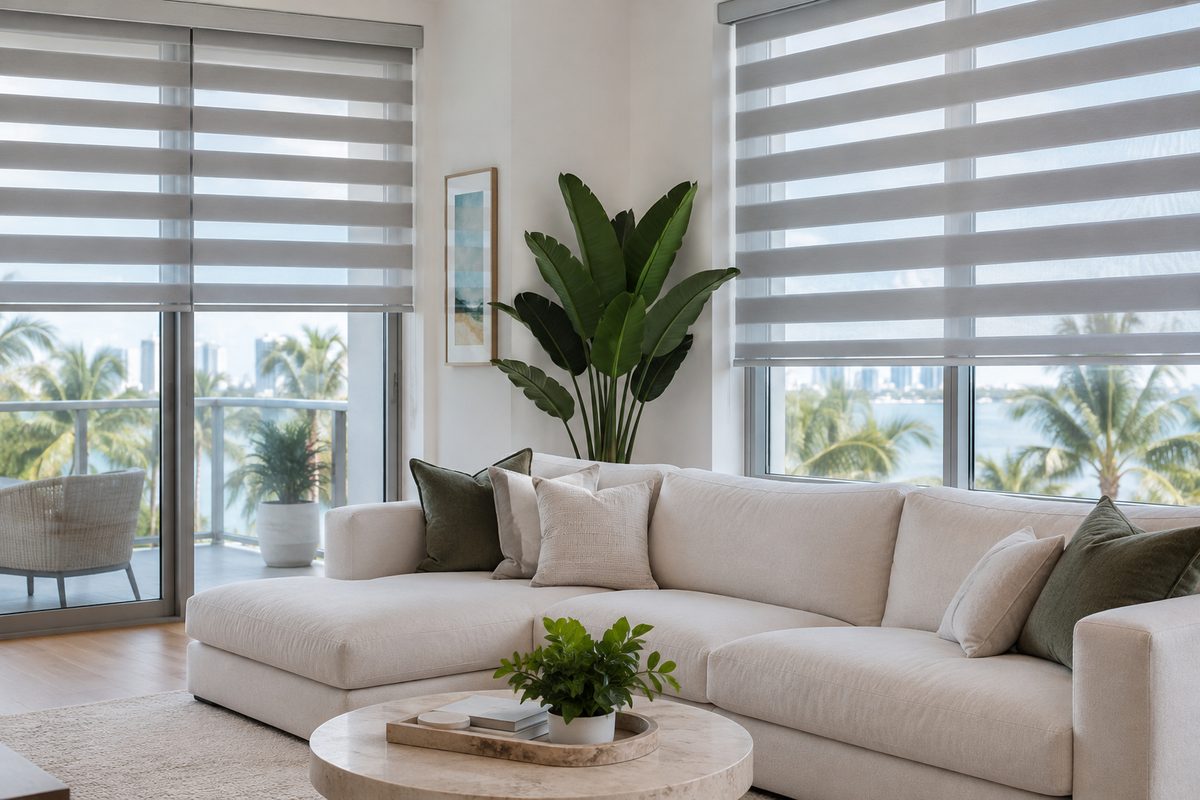 Light-gray zebra blinds with alternating sheer and solid bands in a bright modern Miami living room